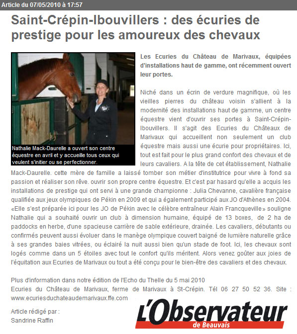 Les Ecuries du Château de Marivaux dans l'Observateur de Beauvais